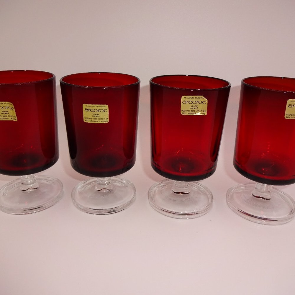 Set of 4 Vintage Ruby Red Clear Glass Arcoroc Footed Cordial Glasses 4" France